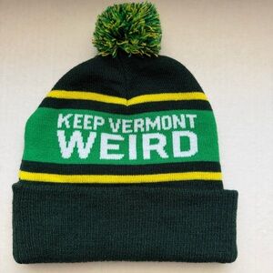 Keep Vermont Weird Beanie Pom Pom Knit Hat Green Yellow Winter Unisex